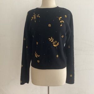Vintage Liz Claiborne Black Angora Blend Pullover With Gold Floral Embroidery M